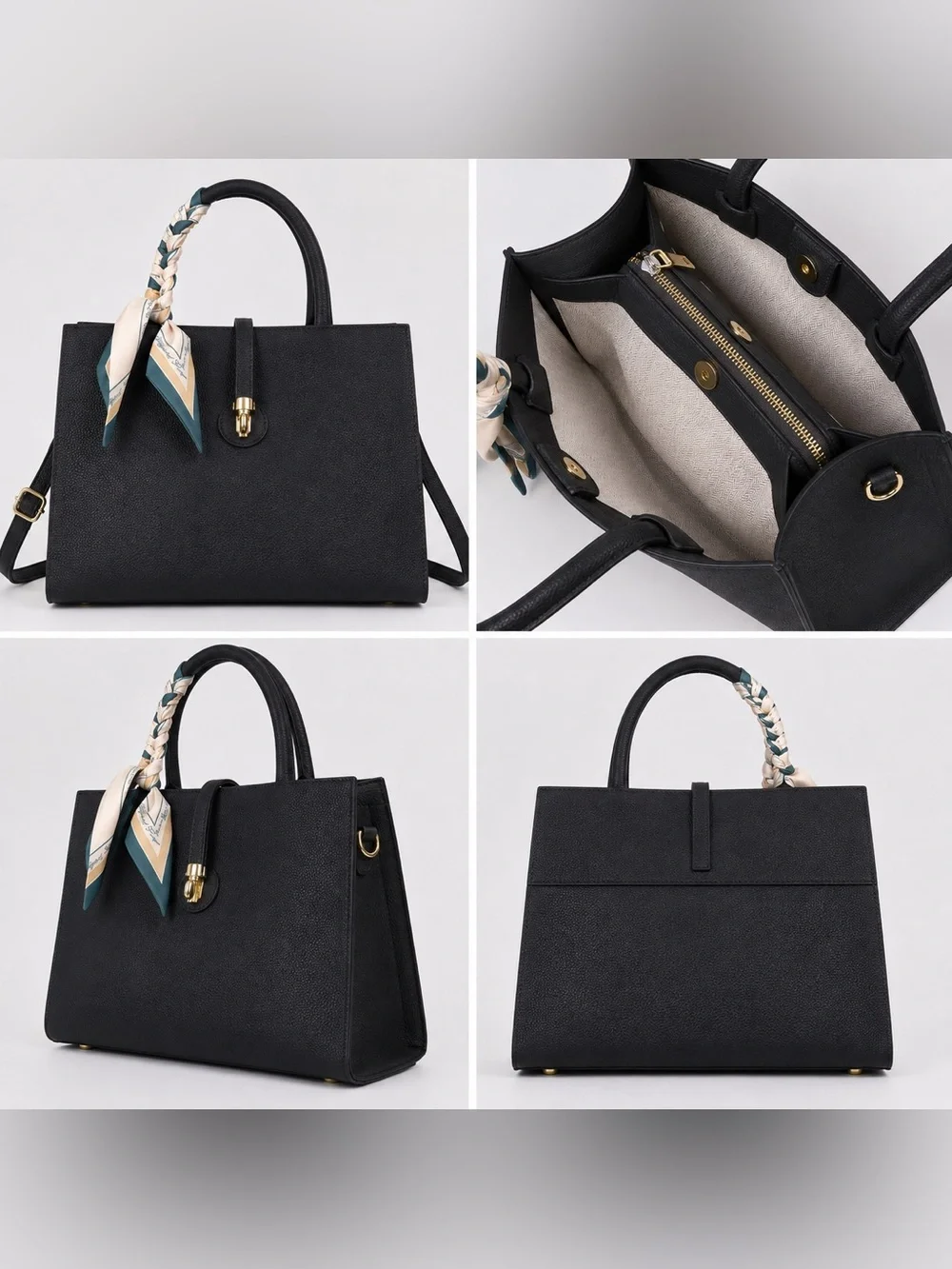 Black Structured Togo Leather Bag with Scarf Accent